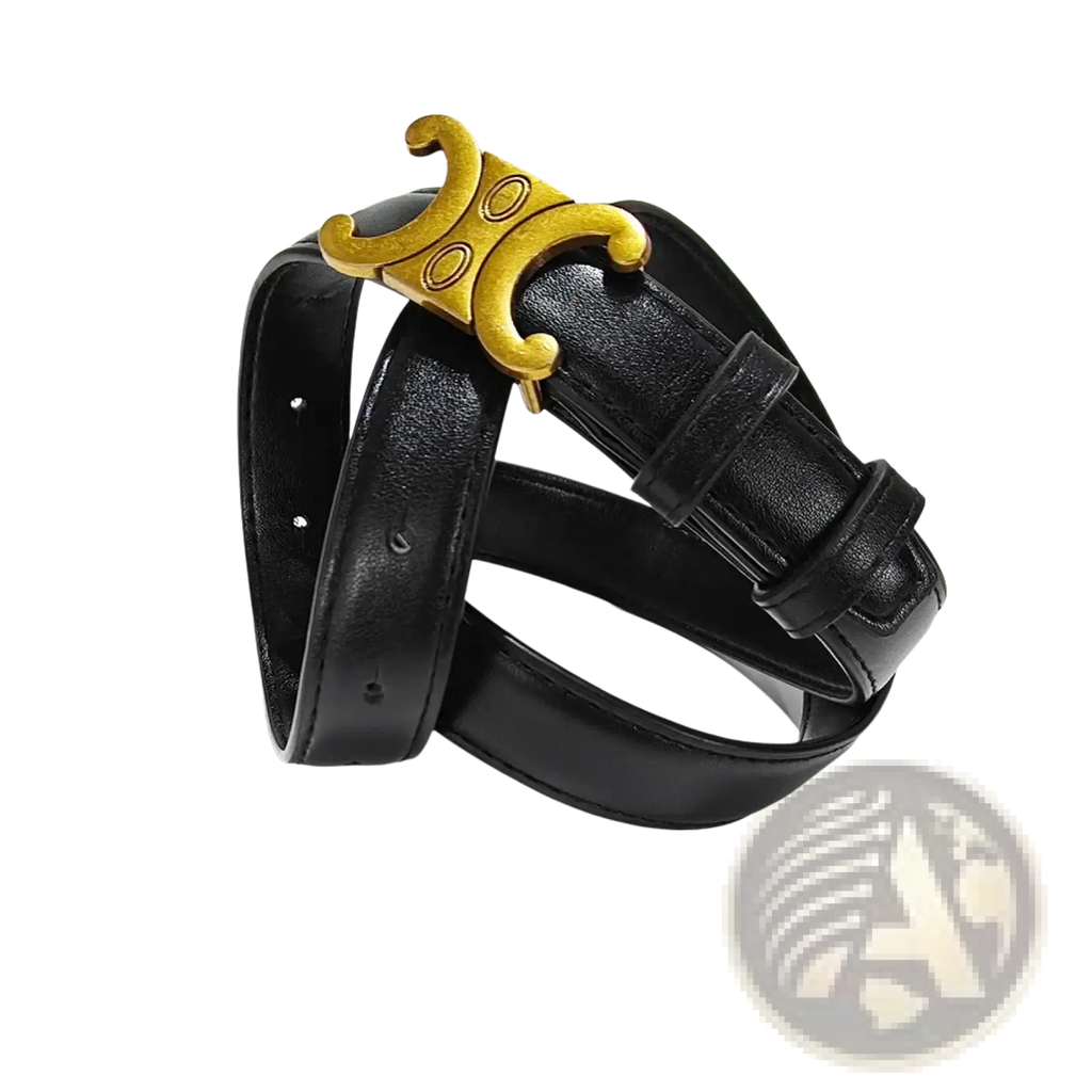 Black leather designer dress belt with gold tone t shaped buckle featuring an embossed logo