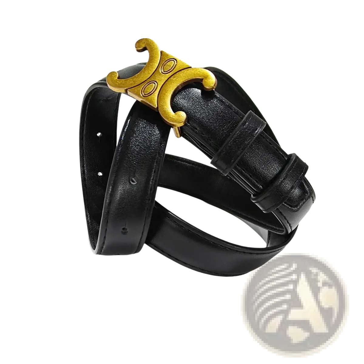 Black leather designer dress belt with gold tone t shaped buckle featuring an embossed logo