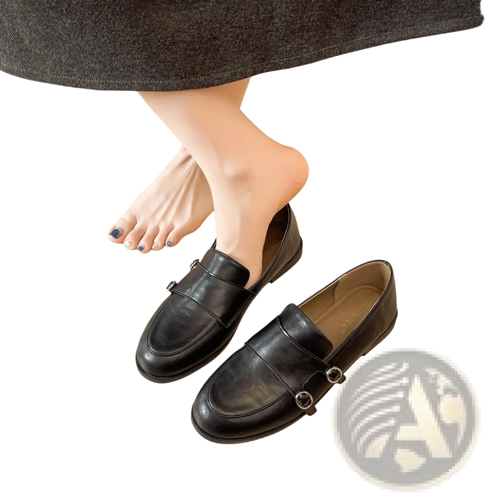 Black leather double buckle retro loafers showcasing elegant double buckle detailing on smooth leather upper