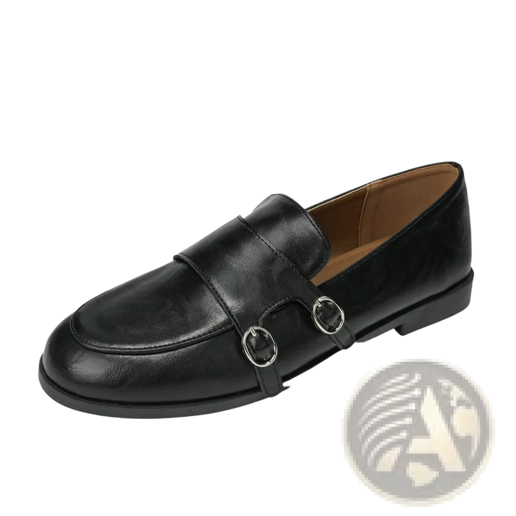 Black leather double buckle retro loafers featuring double straps and silver toned buckle details