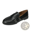 Black leather double buckle retro loafers featuring double straps and silver toned buckle details