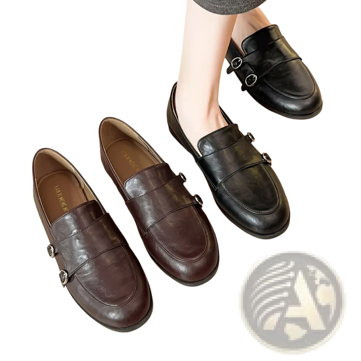 Black and brown leather loafers with double buckle closures showcasing a retro design for formal wear
