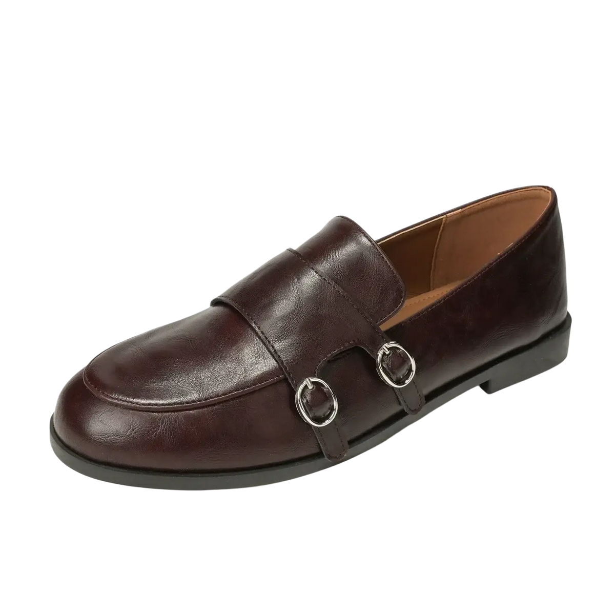 Brown leather loafer with two silver-toned buckle straps matching black leather double buckle retro loafers design