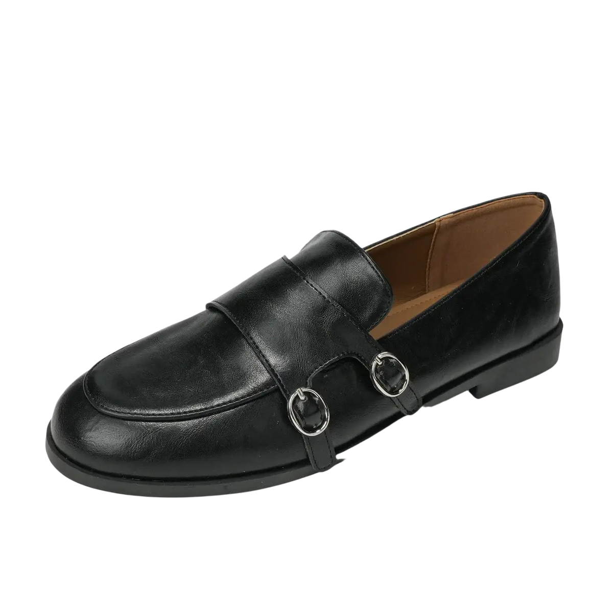 Black leather double buckle retro loafers featuring double straps and silver toned buckle details