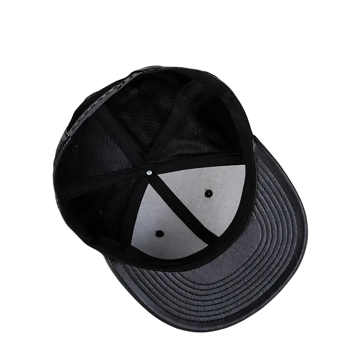 Black leather flat brim snapback cap with gray brim and mesh back for adjustable fit and stylish wear