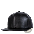 Black leather flat brim snapback cap with stitched panel seams and adjustable snap closure