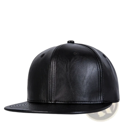 Black leather flat brim snapback cap with stitched panel seams and adjustable snap closure