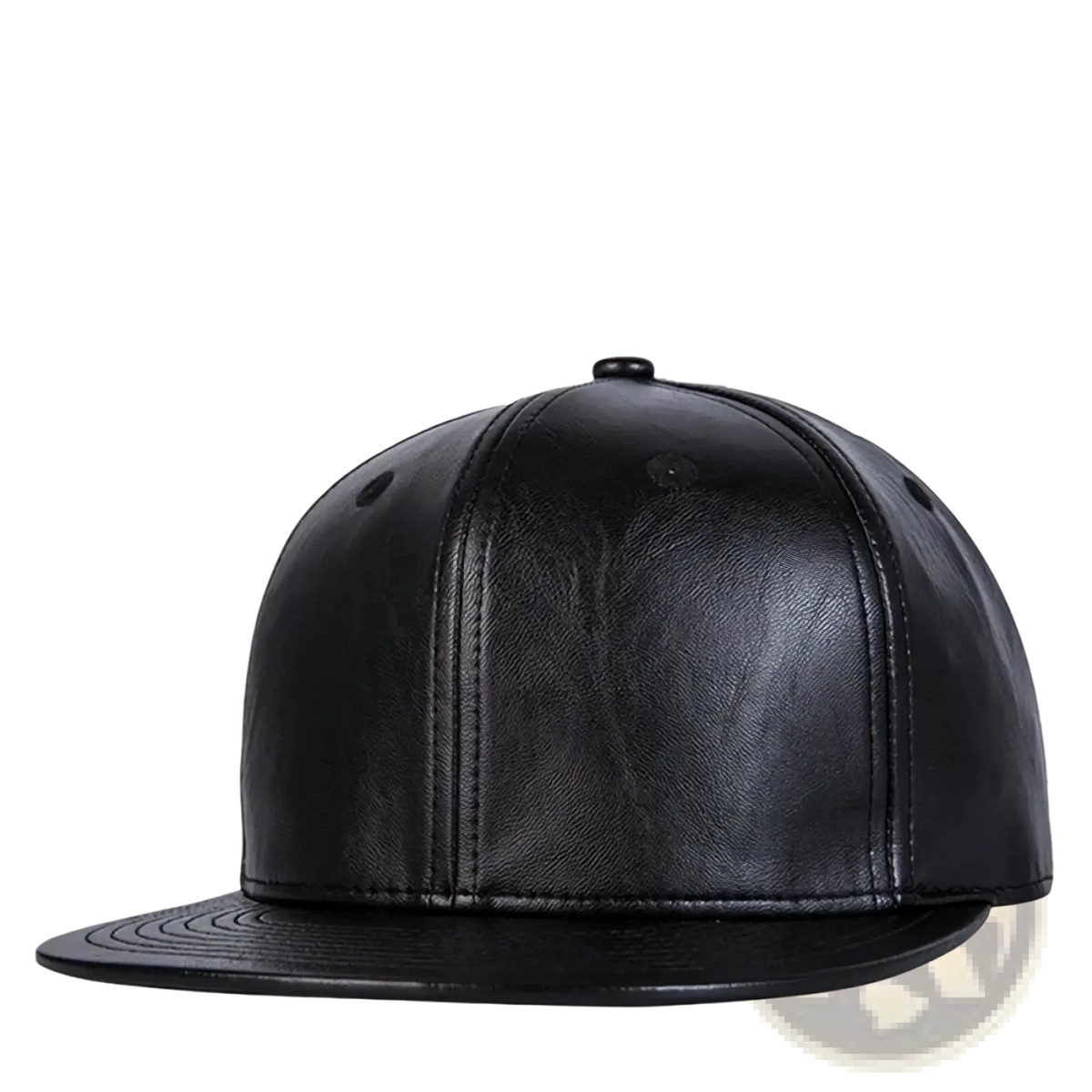 Black leather flat brim snapback cap with stitched panel seams and adjustable snap closure