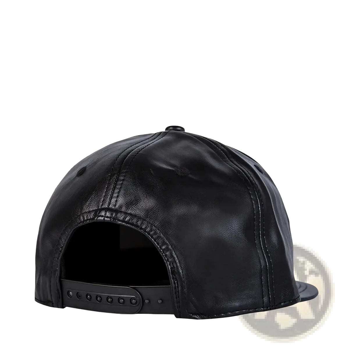 Black leather flat brim snapback cap with adjustable strap shown from the back side