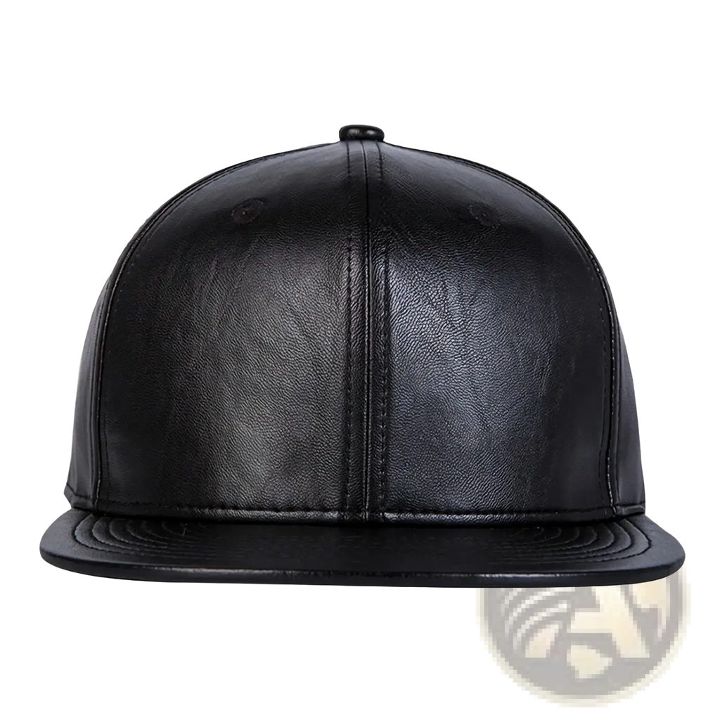 Black leather flat brim snapback cap with stitched panels and adjustable snap closure in black color