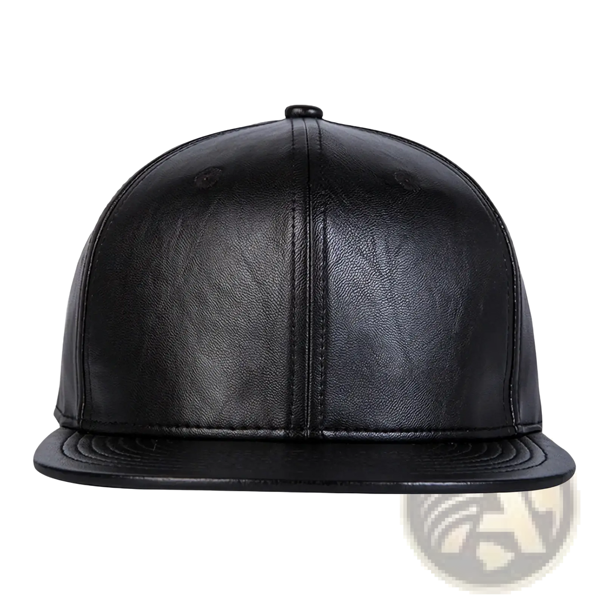 Black leather flat brim snapback cap with stitched panels and adjustable snap closure in black color