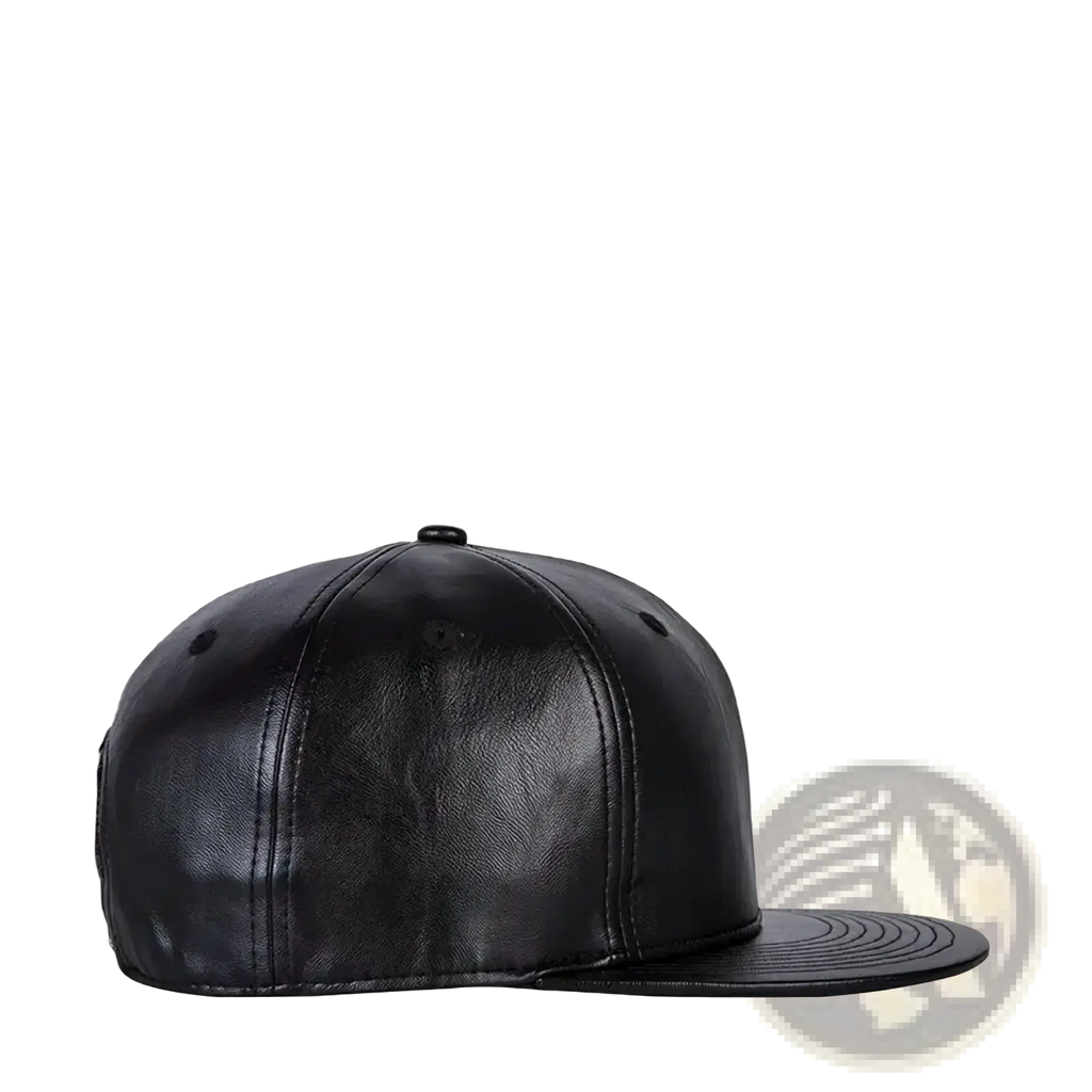 Black leather flat brim snapback cap with stitched paneling and adjustable closure shown from the back side