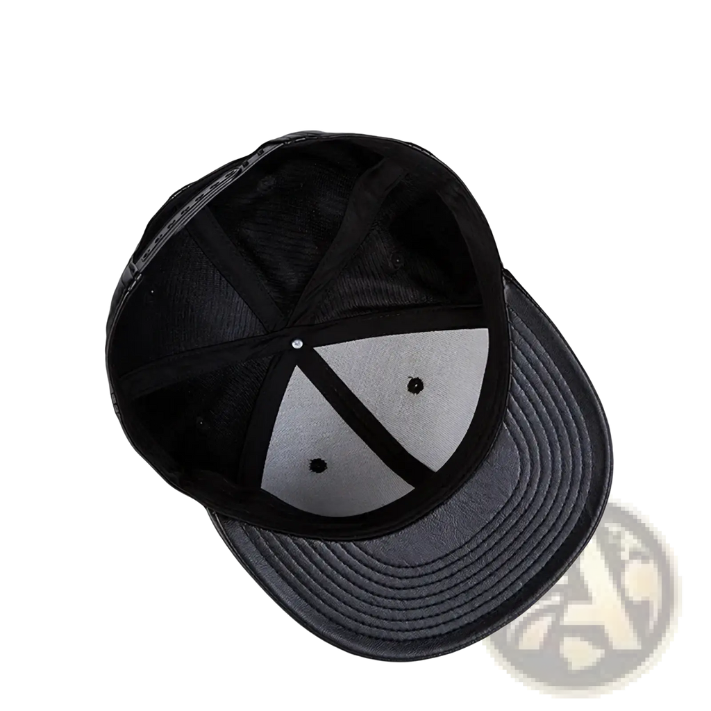 Black leather flat brim snapback cap with black front, gray mesh back, and curved brim shown from the back side