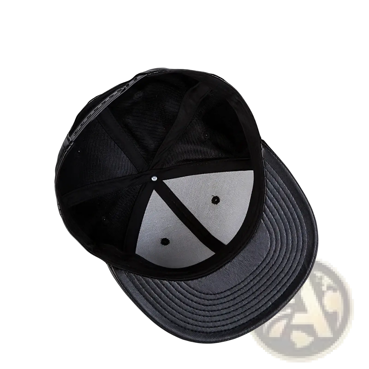Black leather flat brim snapback cap with black front, gray mesh back, and curved brim shown from the back side