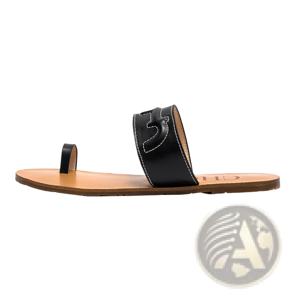 Black leather flat sandal featuring a stitched logo detail and tan sole for stylish everyday wear