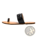 Black leather flat sandal featuring a stitched logo detail and tan sole for stylish everyday wear