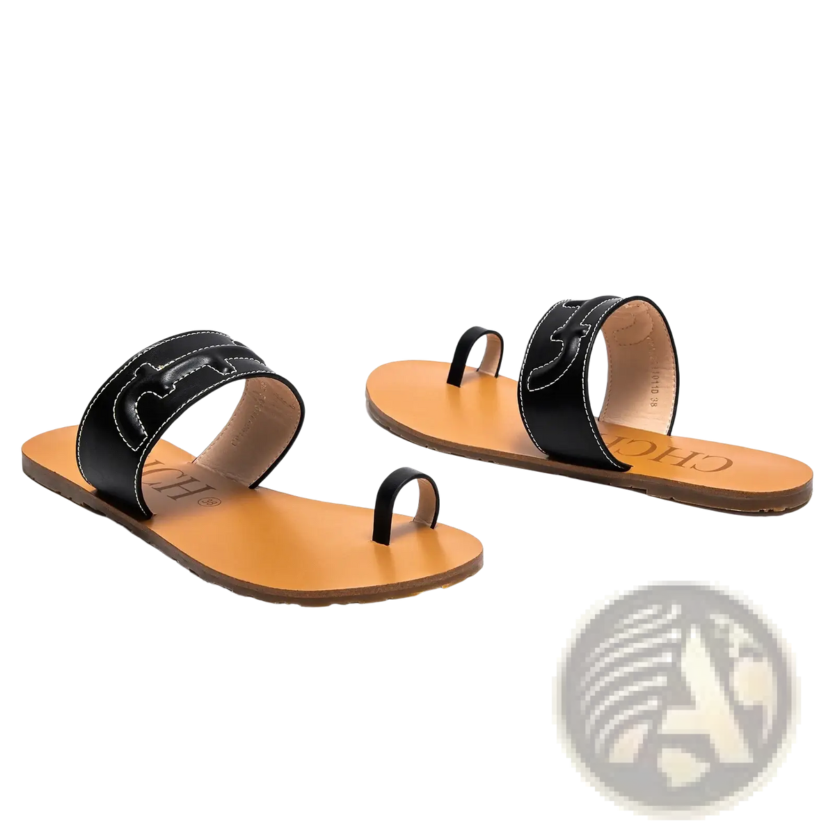Black leather flat sandals featuring distinctive cutout strap design with tan leather soles for casual wear