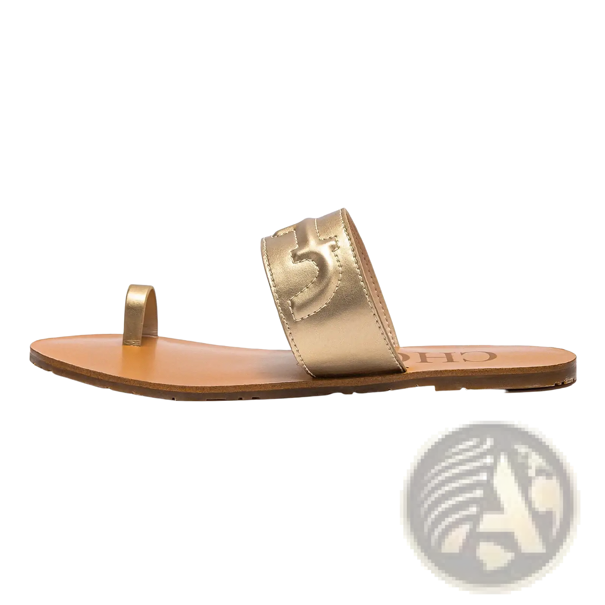 Black leather flat sandals with gold-toned metallic strap logo and tan leather sole featuring toe loop design