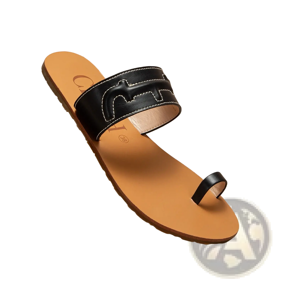 Black leather flat sandals featuring a stitched logo strap and tan rubber sole for stylish comfort