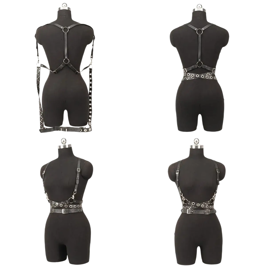 Black leather gothic harness belt featuring silver toned metal hardware and circular studs for edgy style