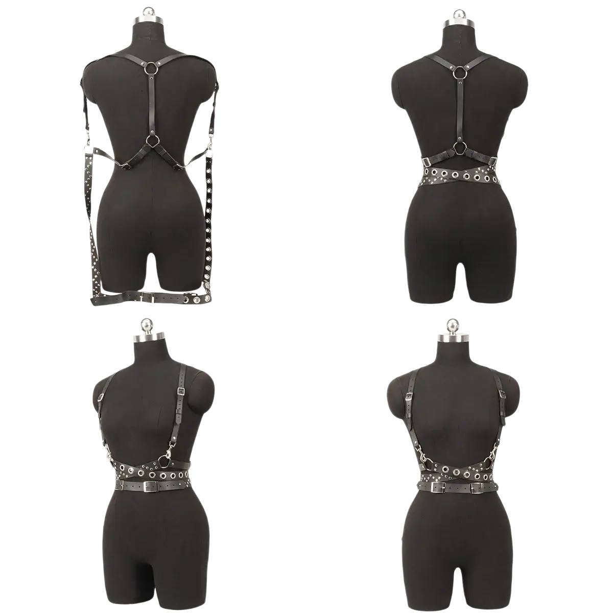 Black leather gothic harness belt featuring silver toned metal hardware and circular studs for edgy style