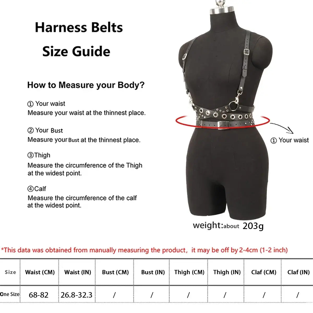 Black leather gothic harness belt with silver-toned metal hardware and adjustable straps for a secure fit