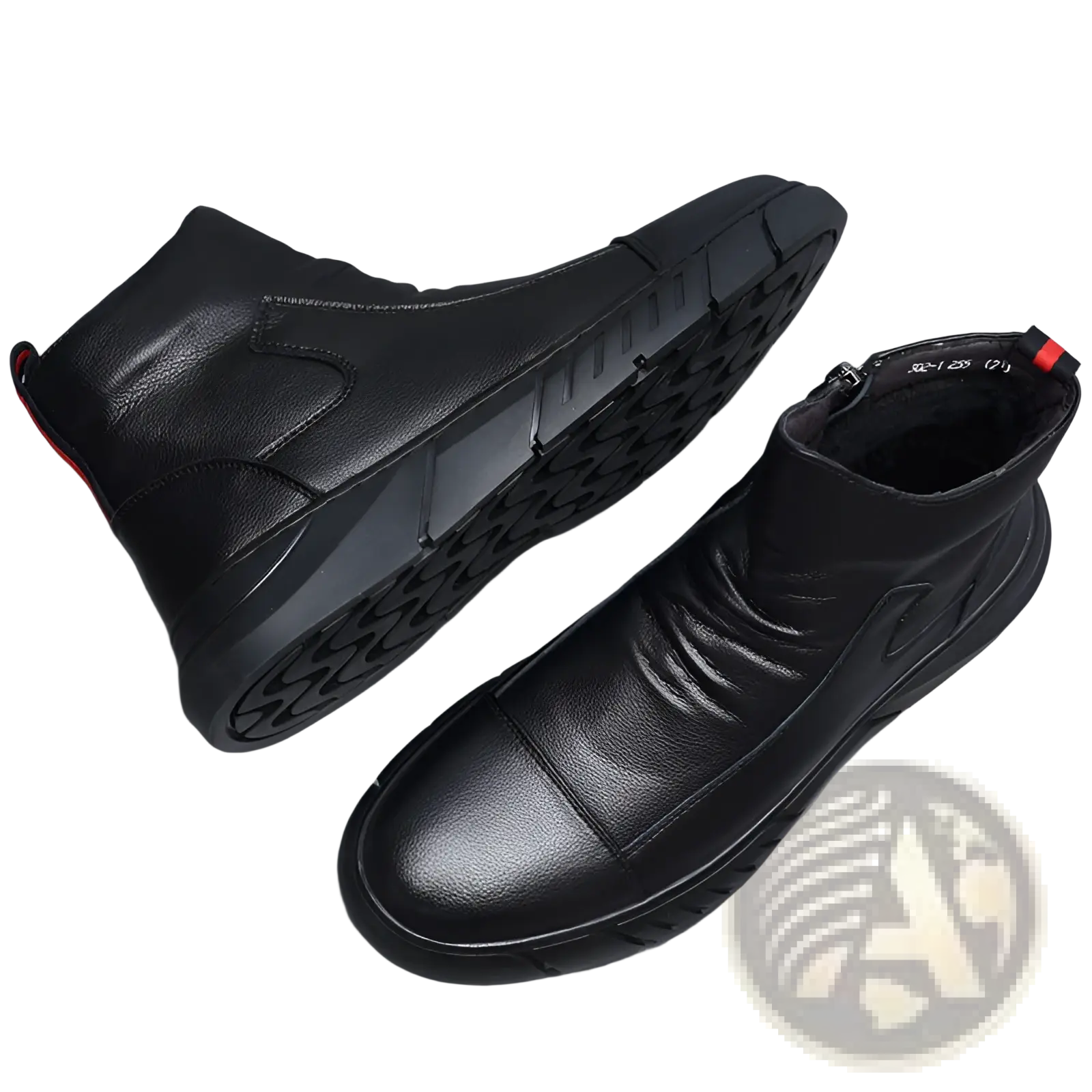 Black leather high top boots with chunky textured rubber sole and subtle red accent on the zipper pull