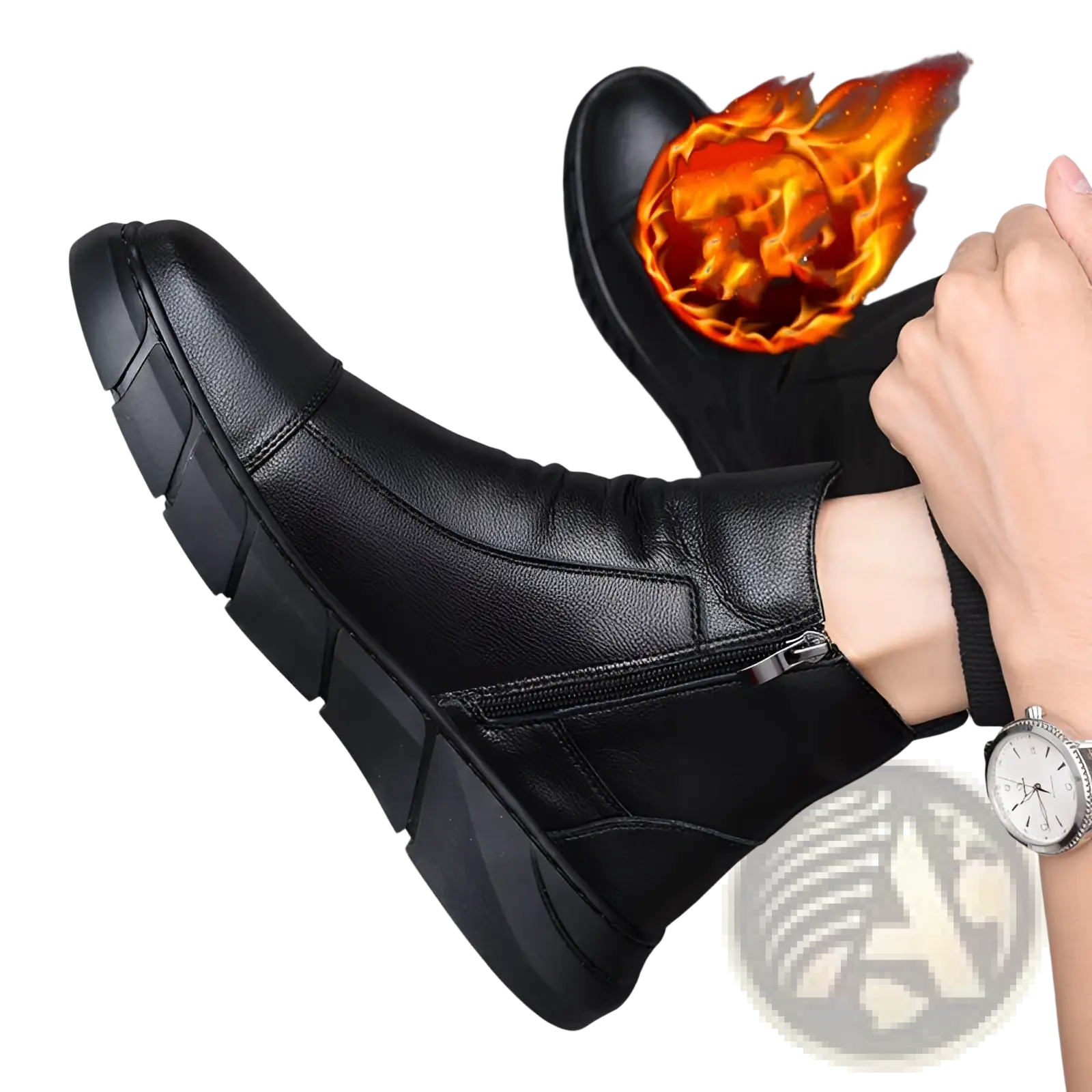 Black leather high top boots with chunky sole featuring thick sole and side zipper in a sleek design