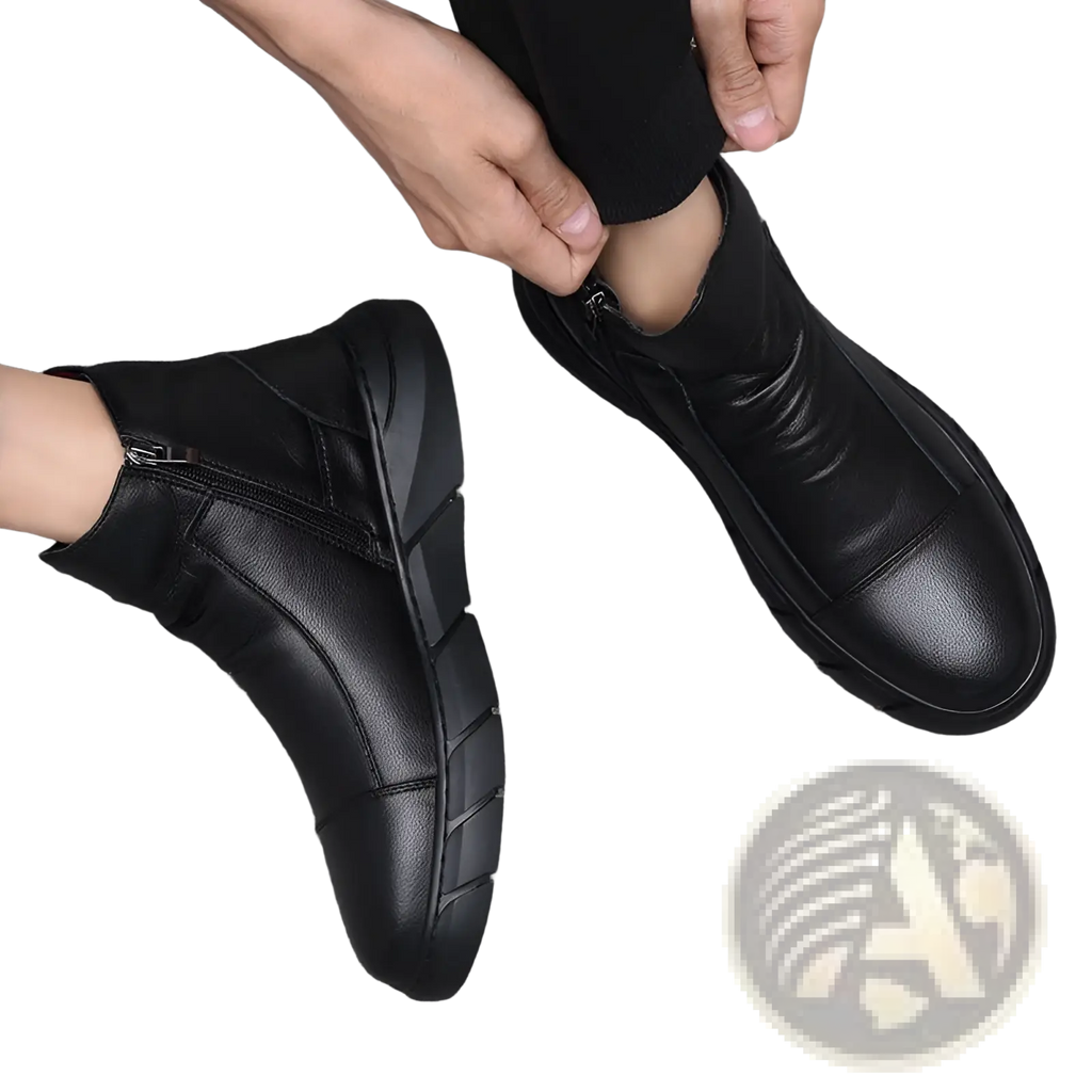 Black leather high top boots with a chunky textured sole and side zipper for easy wear and style