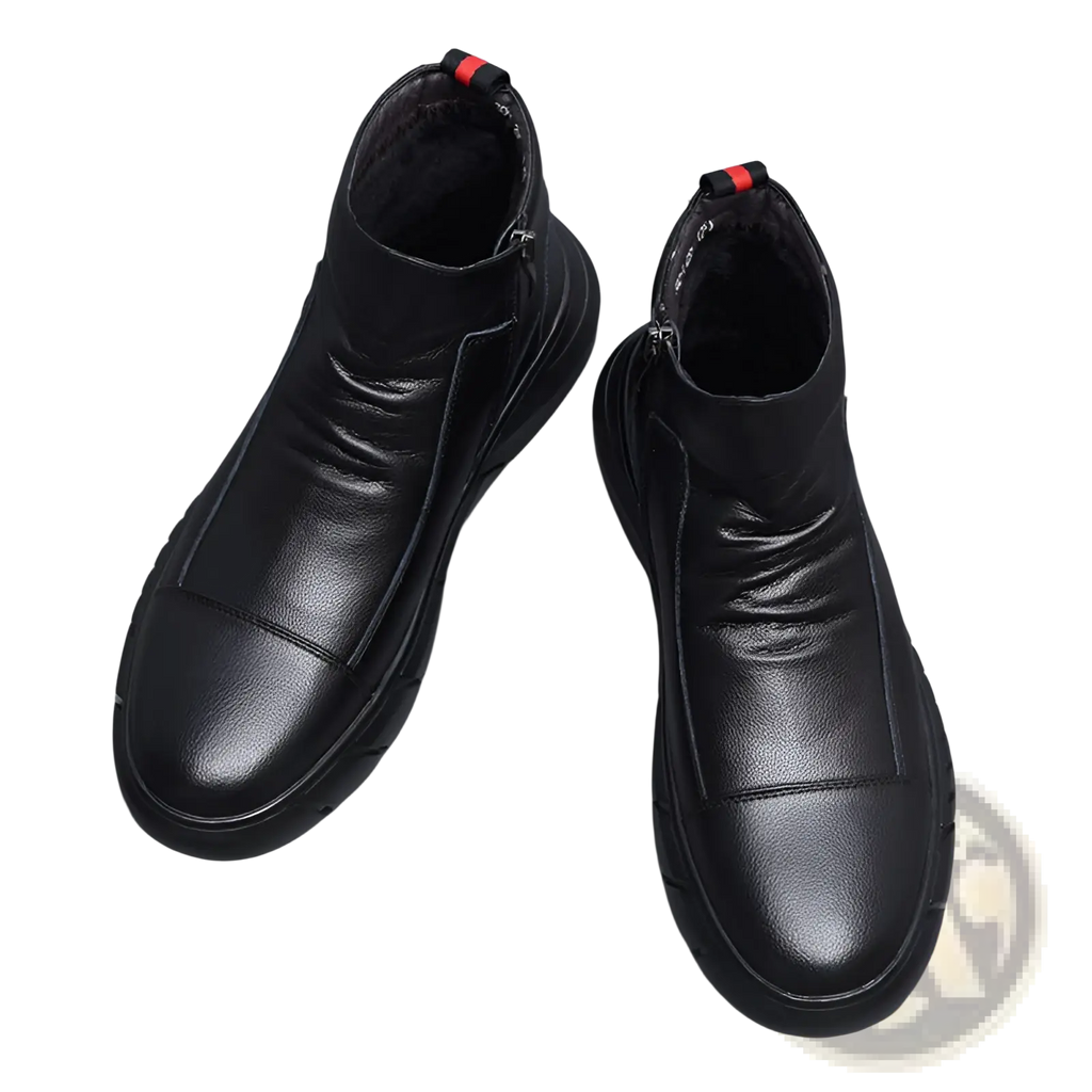 Black leather high top boots with chunky sole and red zipper pulls designed for stylish durability