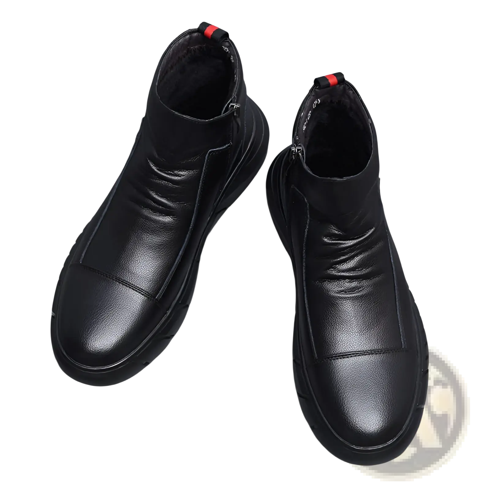 Black leather high top boots with chunky sole and red zipper pulls designed for stylish durability
