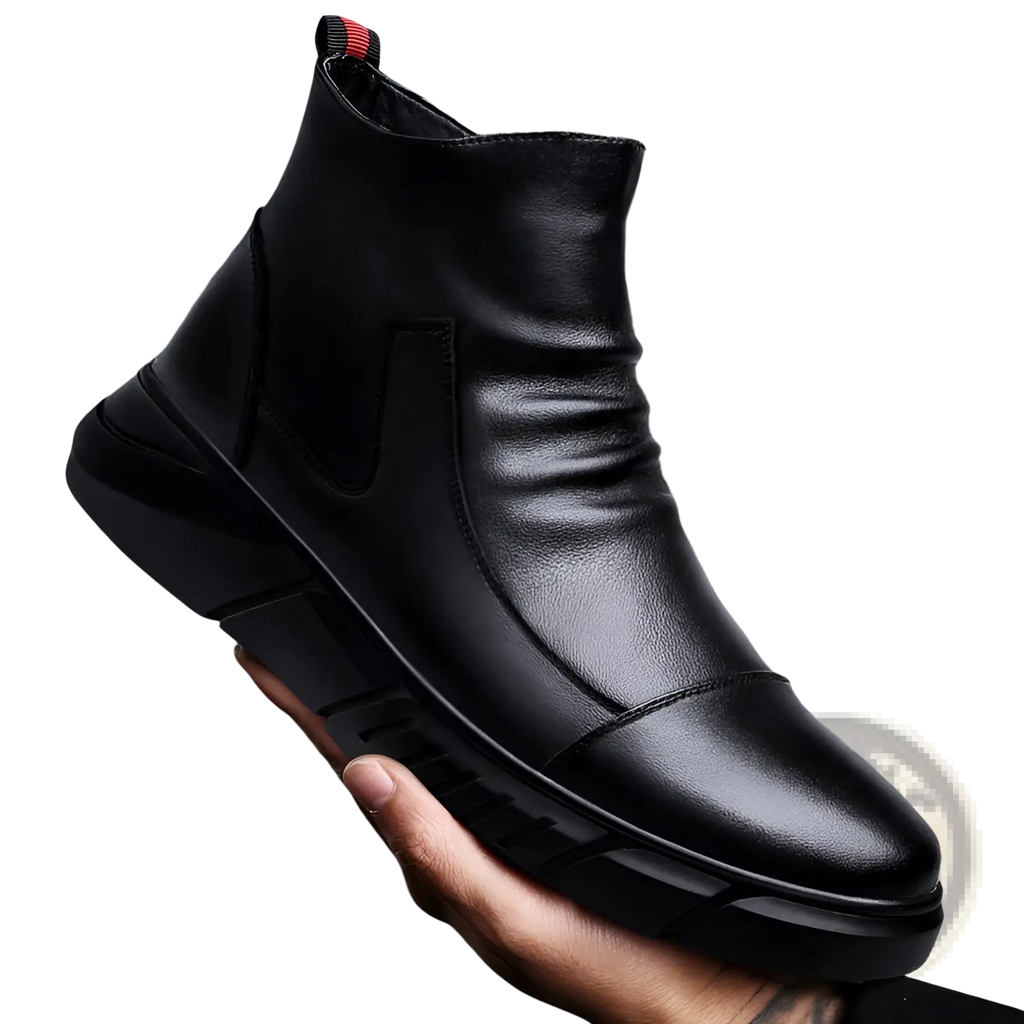 Black leather high top chelsea boot with chunky rubber sole and red accent stitching on pull tab visible from back side