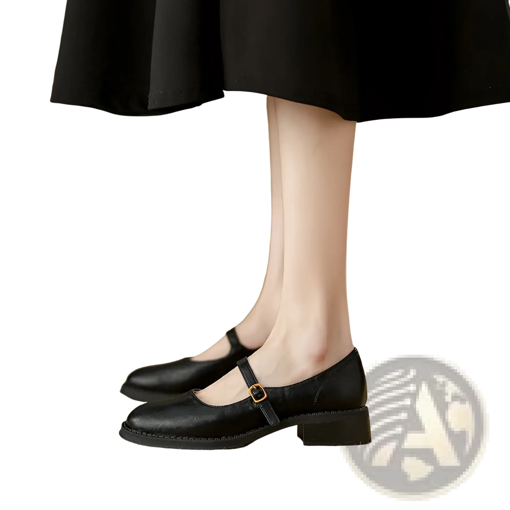 Black leather mary jane shoes with low block heel and gold toned buckle visible from the back side