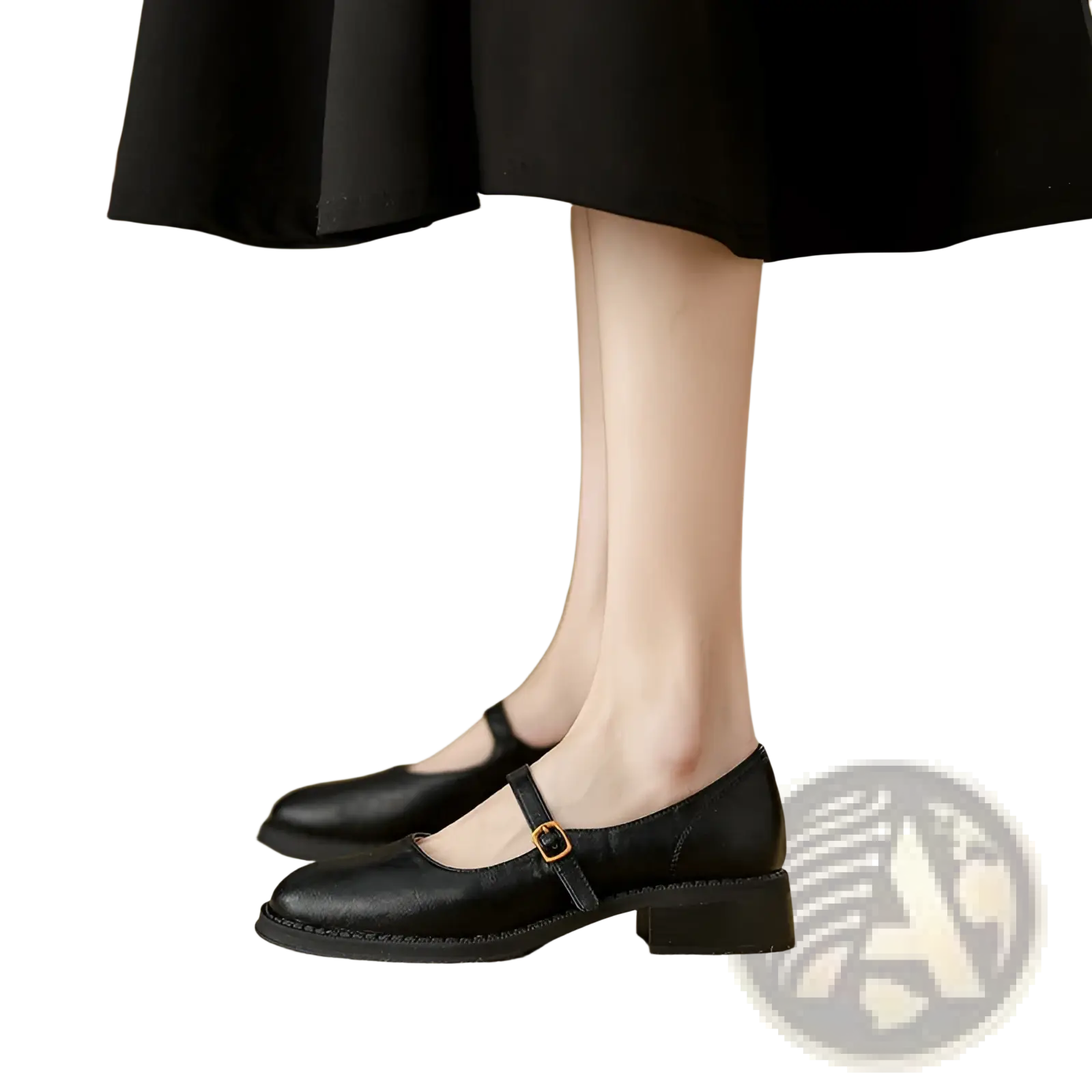 Black leather mary jane shoes with low block heel and gold toned buckle visible from the back side