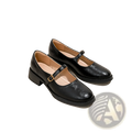 Black leather mary jane shoes with low block heel and gold tone buckle shown from the back side