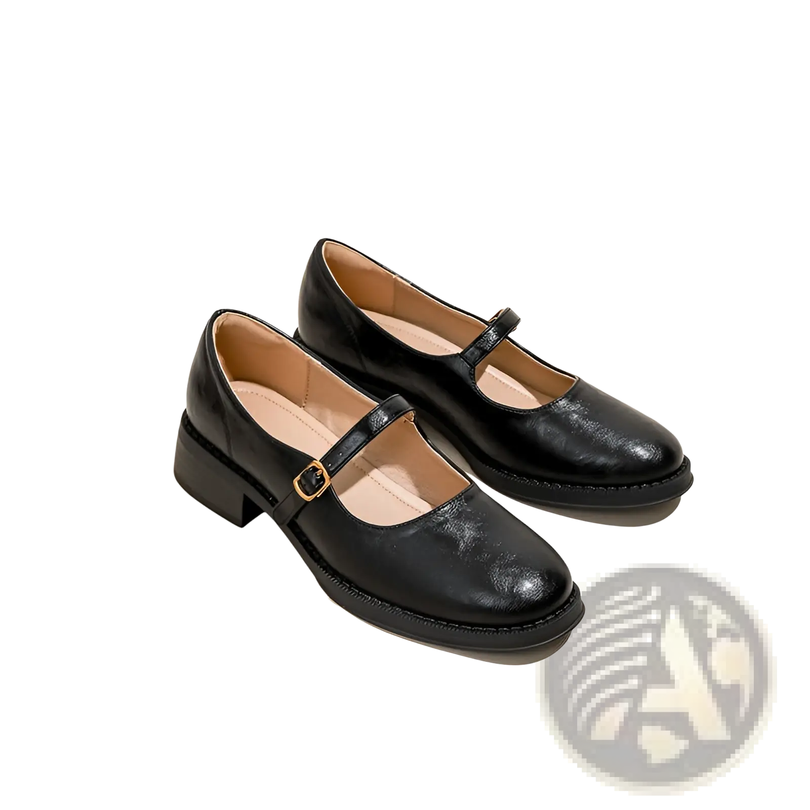 Black leather mary jane shoes with low block heel and gold tone buckle shown from the back side