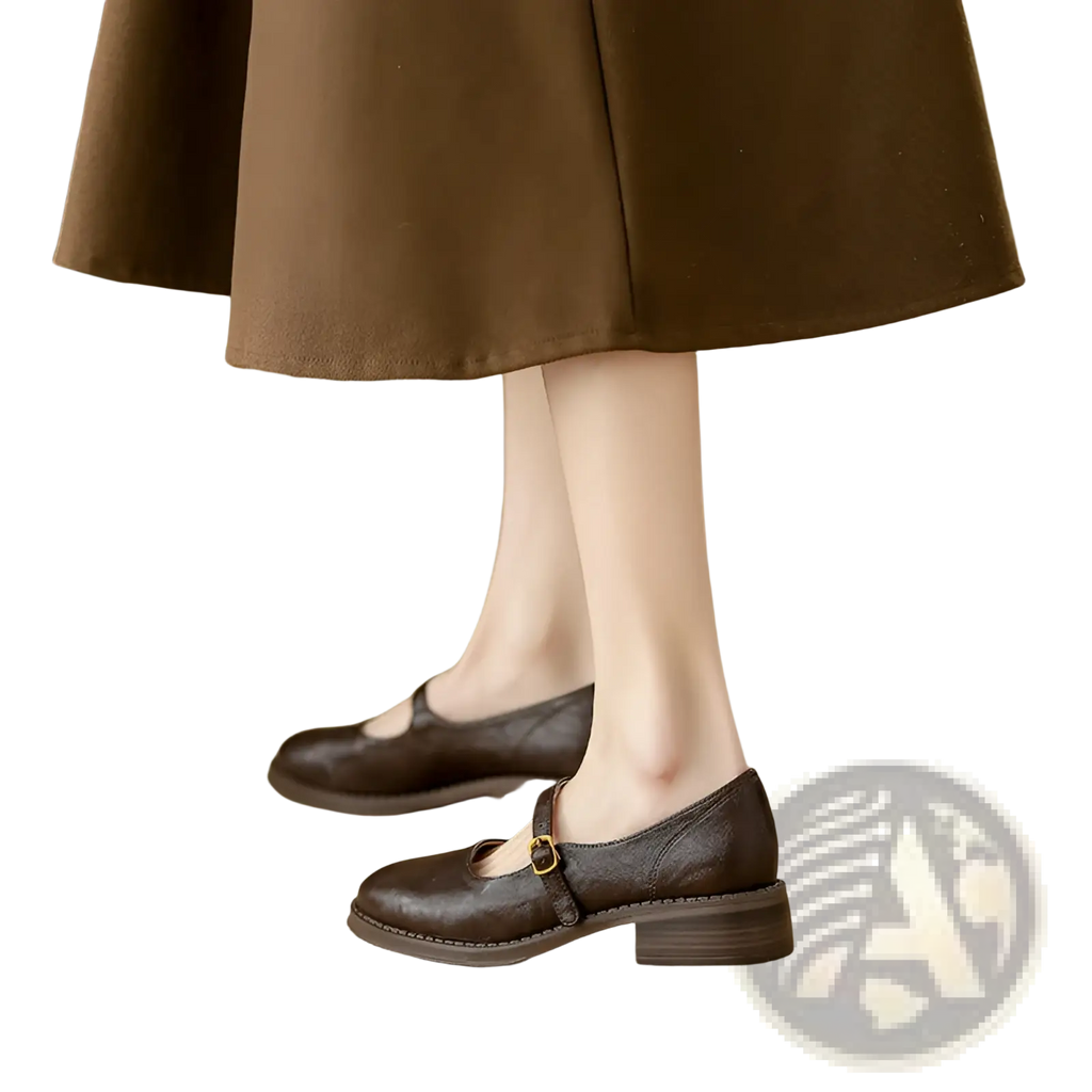Brown leather mary jane flats with low block heel and gold toned buckle in contrast to black leather mary jane shoes with block heel