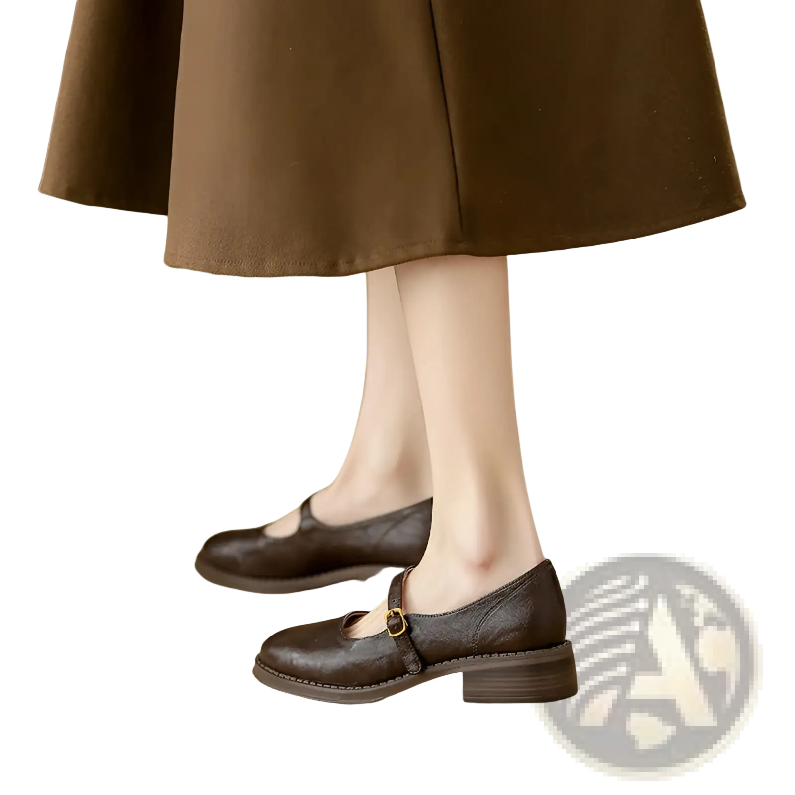 Brown leather mary jane flats with low block heel and gold toned buckle in contrast to black leather mary jane shoes with block heel