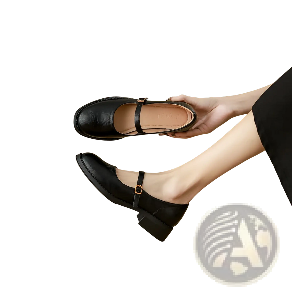 Black leather mary jane shoes with a low block heel and gold-tone buckle strap for elegant wear
