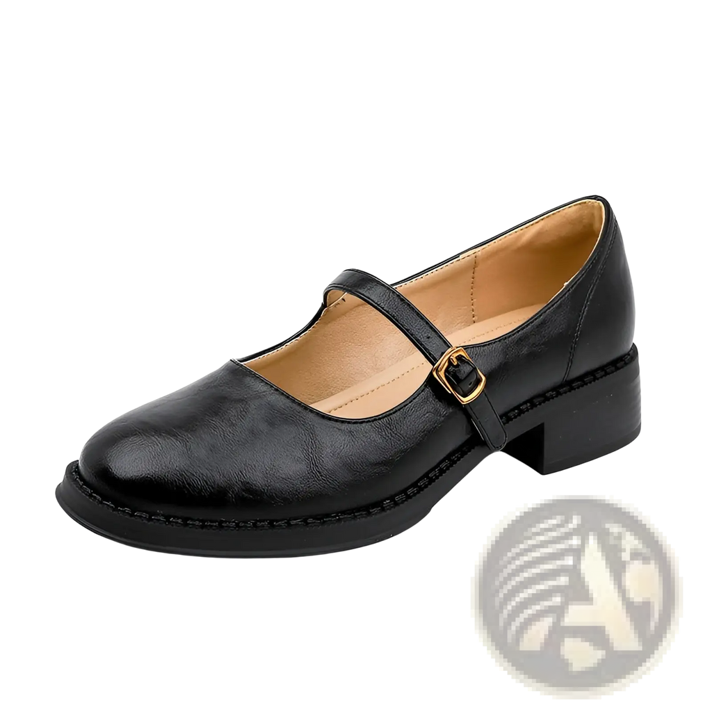 Black leather mary jane shoe with a gold buckle and low block heel shown from the back side
