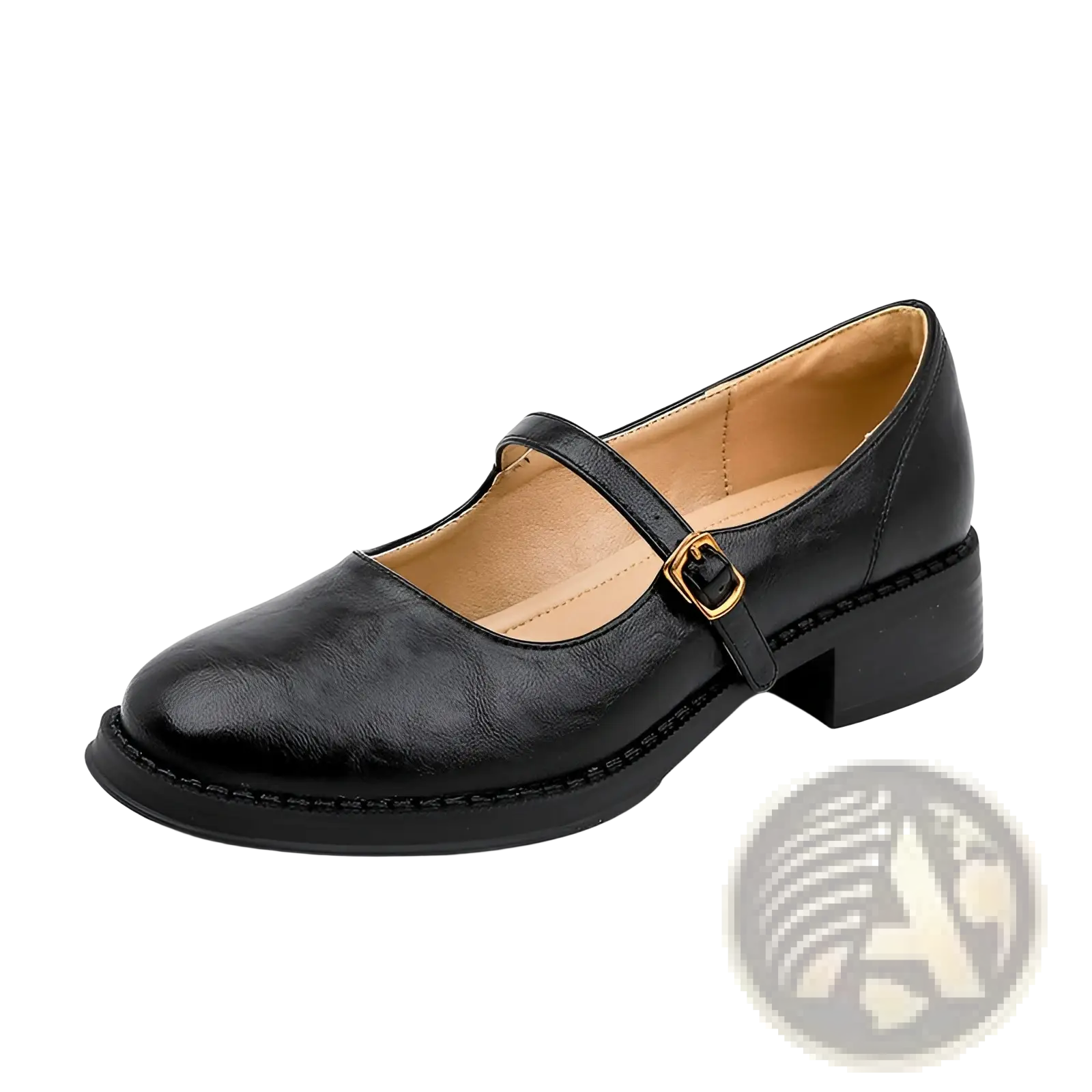 Black leather mary jane shoe with a gold buckle and low block heel shown from the back side
