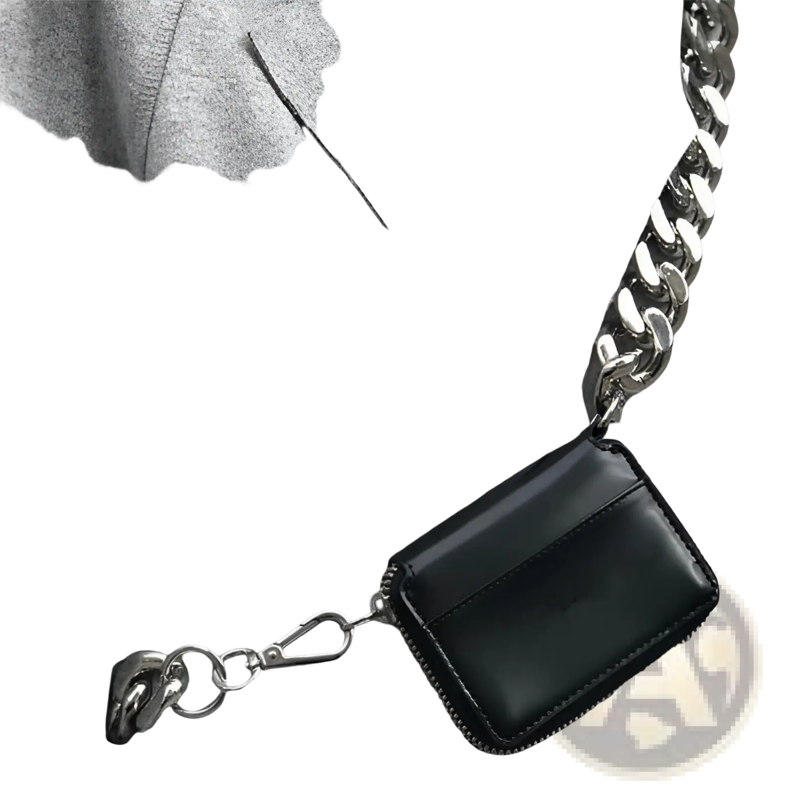 Black leather mini waist bag in patent leather with a silver chunky chain strap and compact design