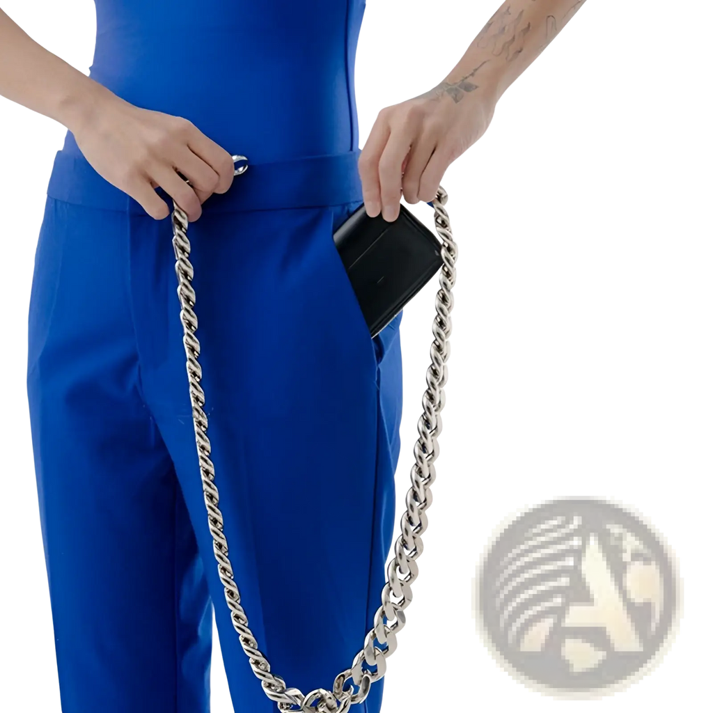 Black leather mini waist bag featuring a sleek silver-toned chunky chain belt with bold interlocking links