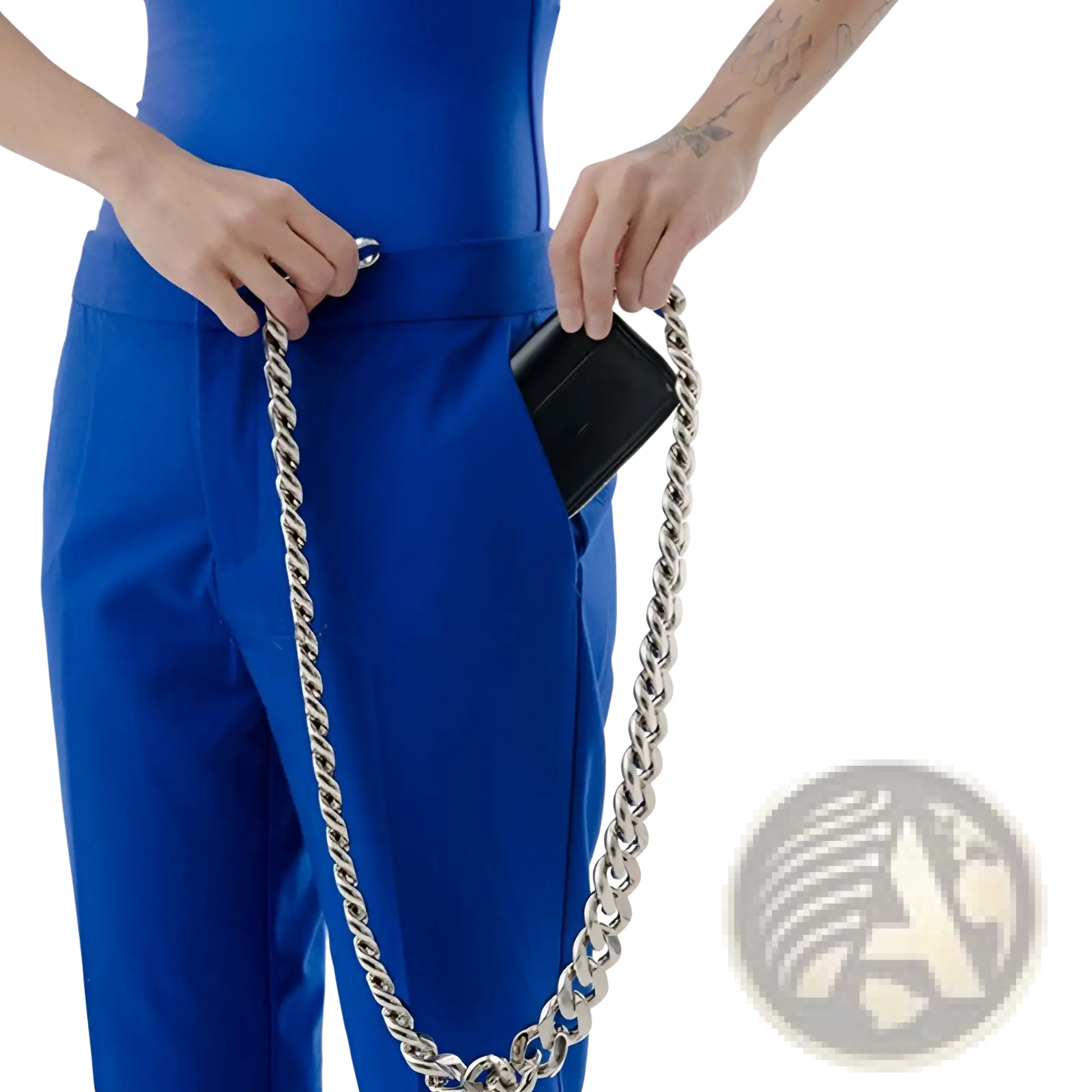 Black leather mini waist bag featuring a sleek silver-toned chunky chain belt with bold interlocking links