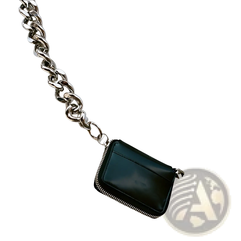 Black leather mini waist bag with a chunky silver chain strap and zippered closure for secure storage