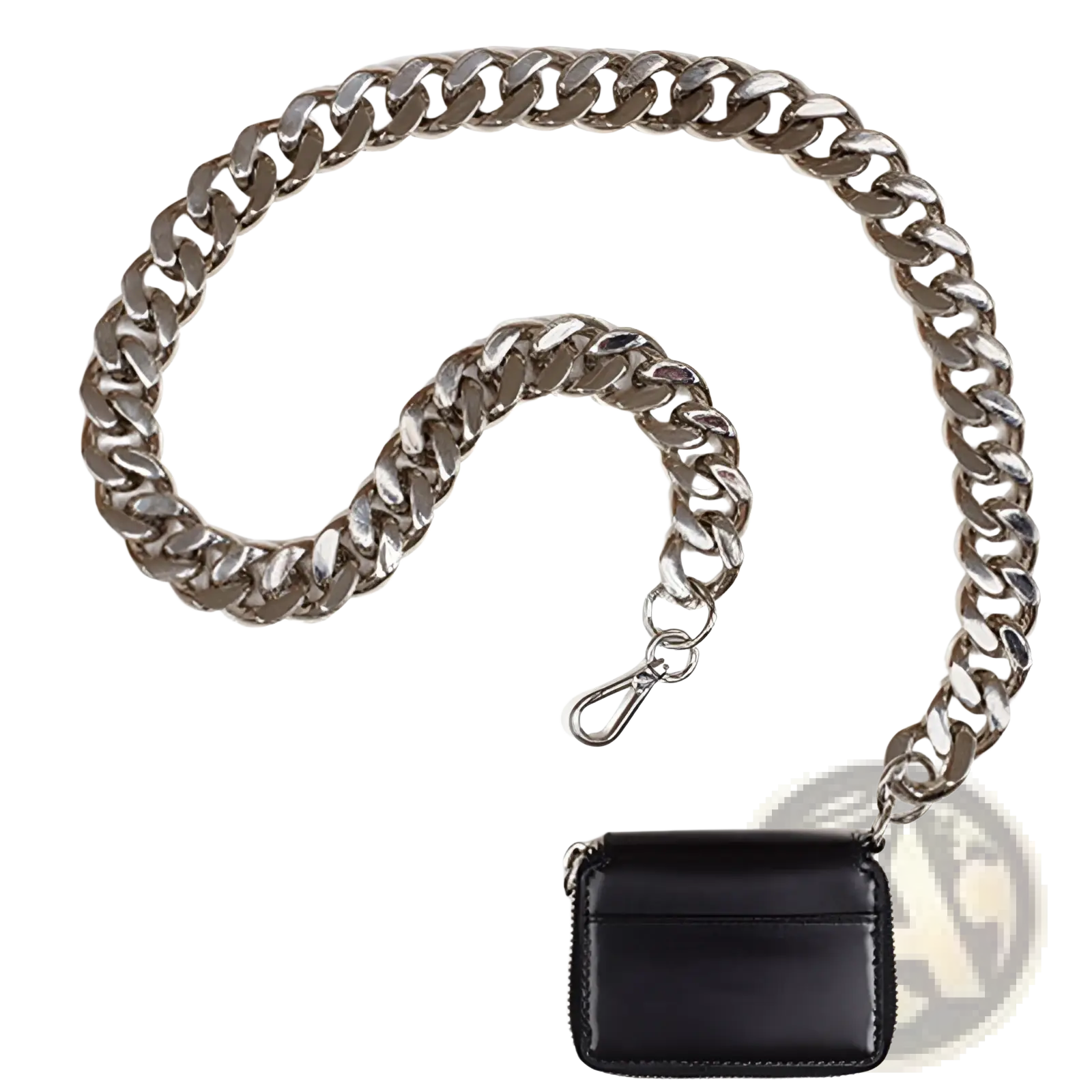 Black leather mini waist bag featuring a chunky silver-toned chain strap for stylish hands-free use