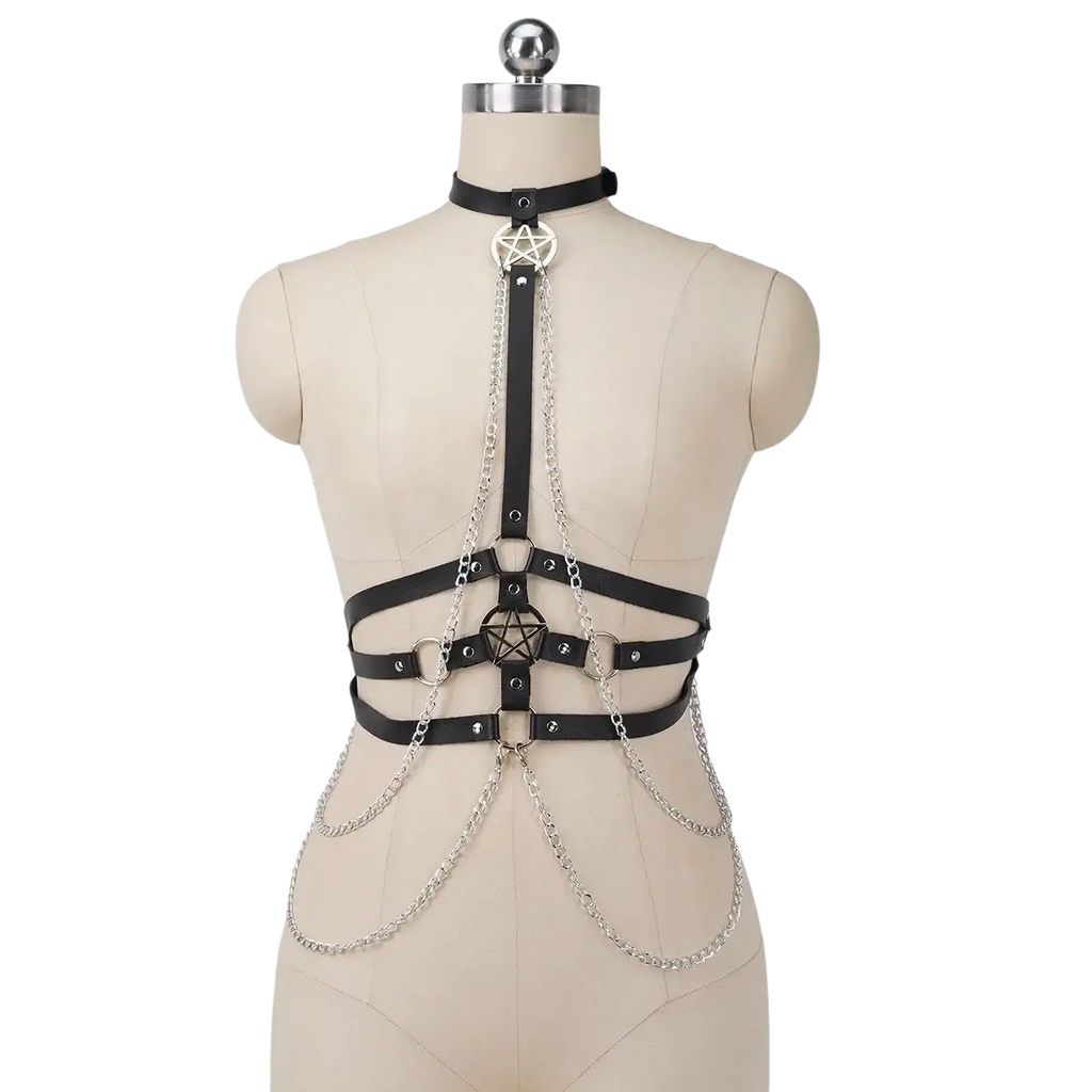 Black leather pentagram harness body chain featuring silver charms and dangling chains for edgy style accessory