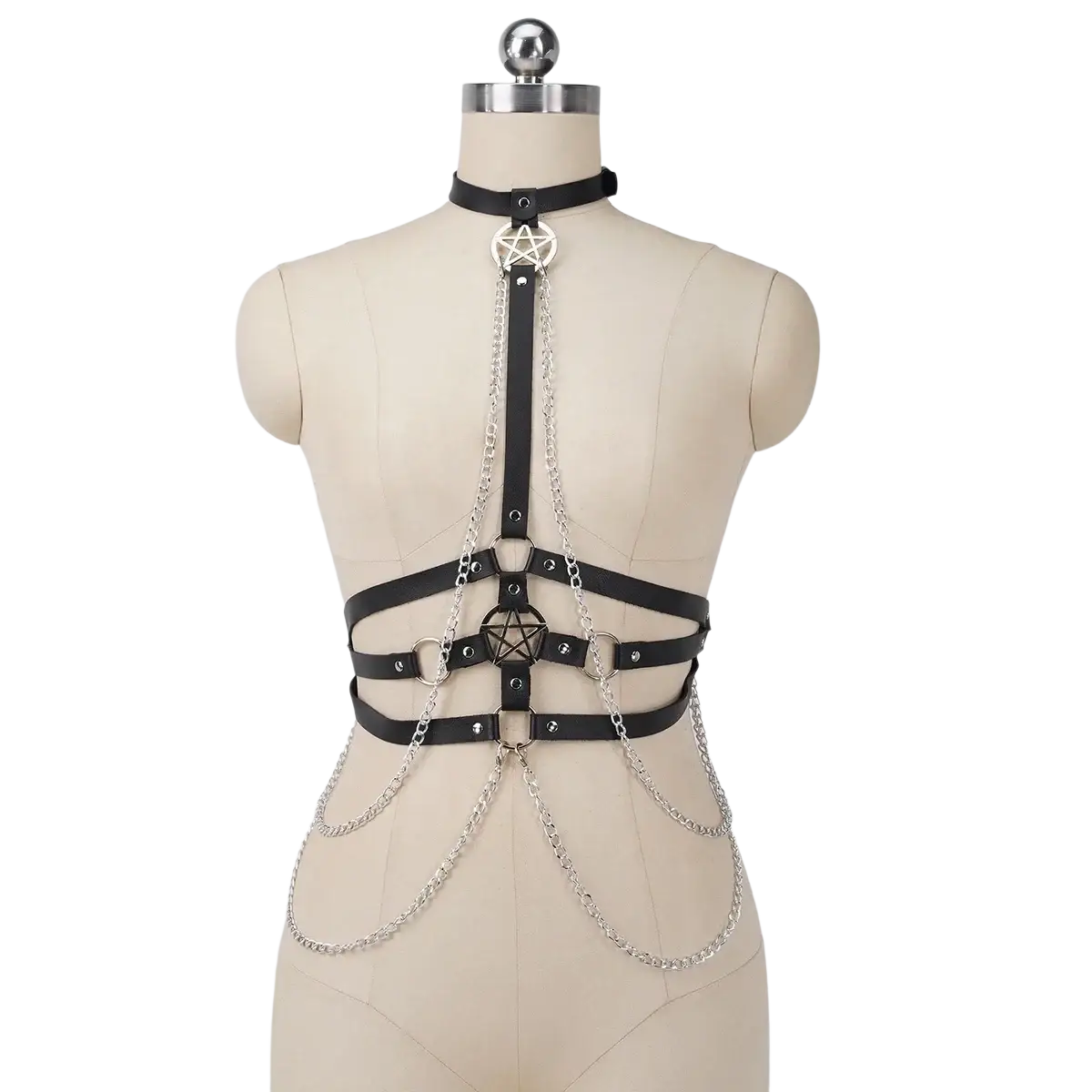 Black leather pentagram harness body chain featuring silver charms and dangling chains for edgy style accessory