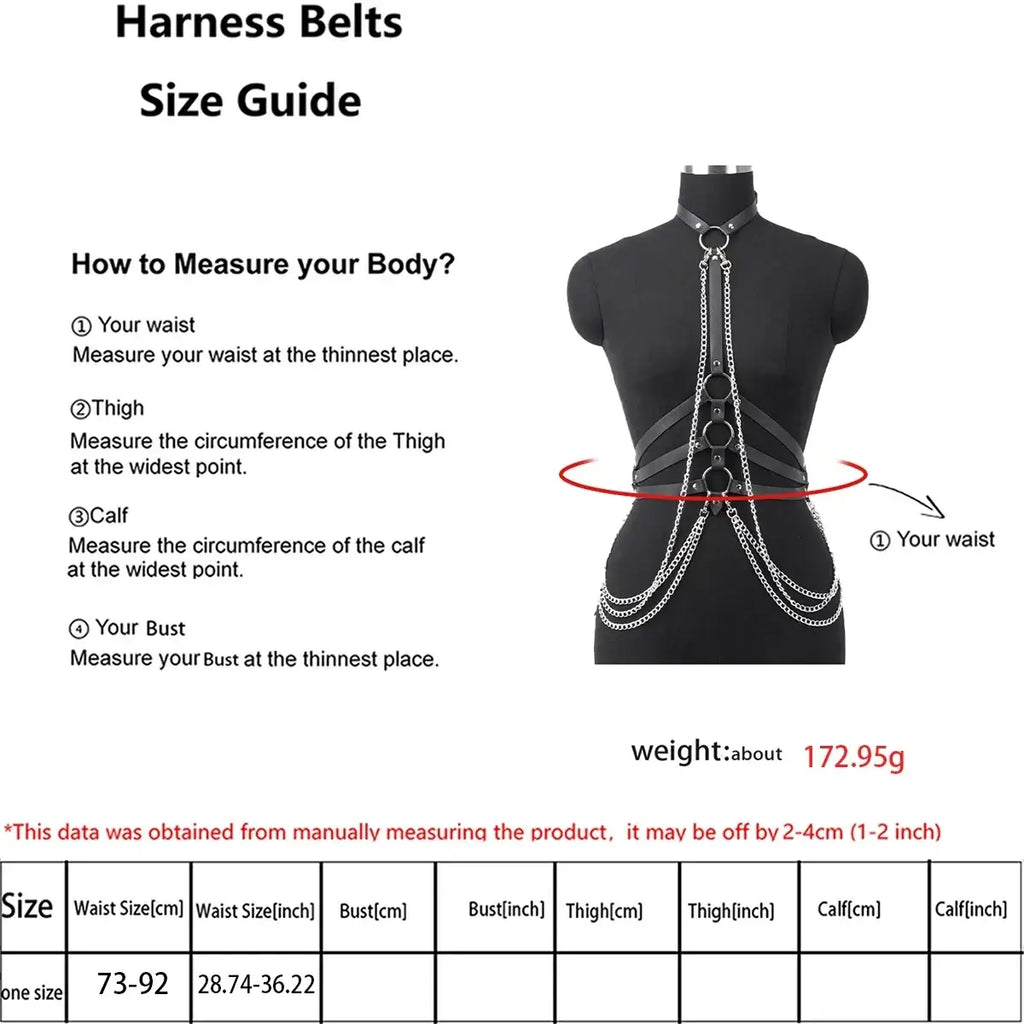 Black leather pentagram harness body chain with silver chain detailing and circular metal rings