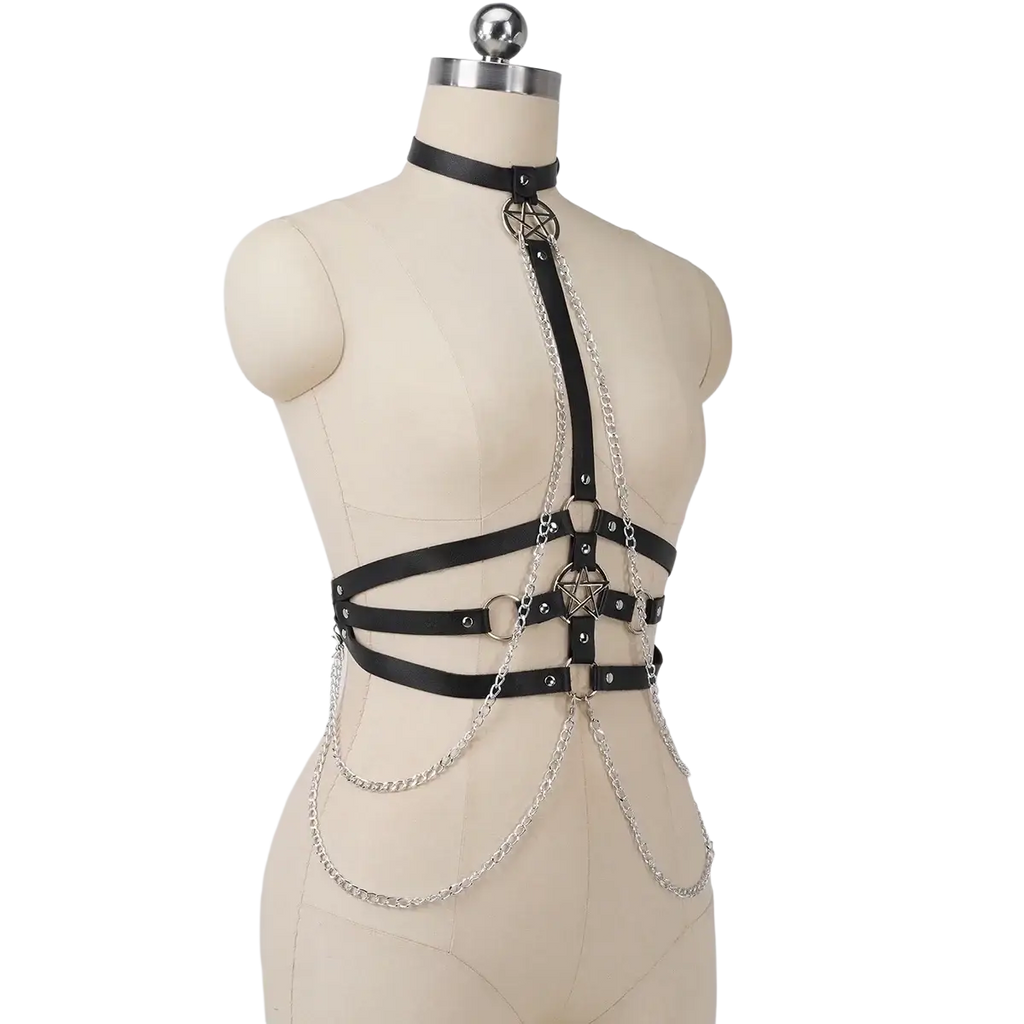 Black leather pentagram harness body chain featuring silver chains and metal pentagram accents on the front side